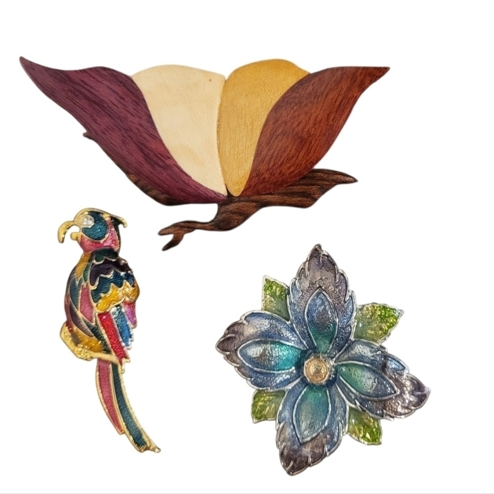Vintage Brooch Bundle Of Three Pieces Bird Flower